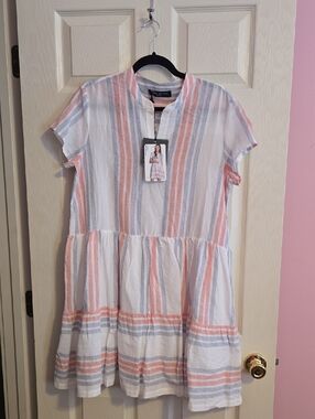 Pietro Brunelli White Dress with Pink and Blue Stripes